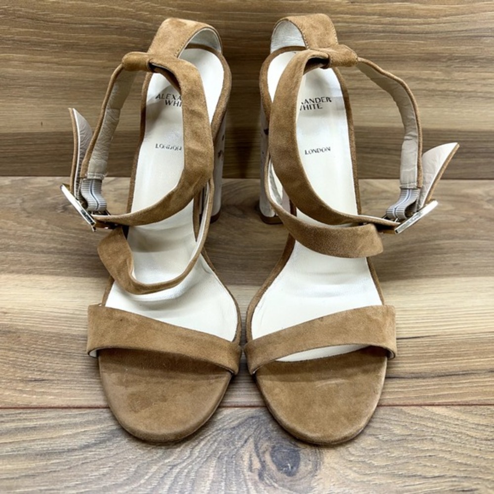 Alexander White‎ British Lux 8 EU 38 Luggage Tan Suede Ankle Strap Wooden Heels